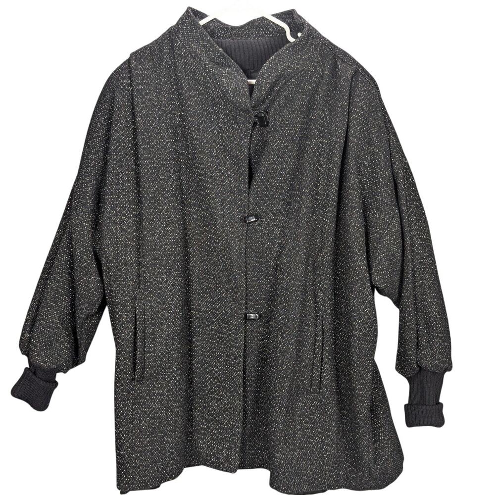 Vintage Coat Womens 24 1/2 Black Tweed Oversized Lined Rib Cuffs Made USA 80s